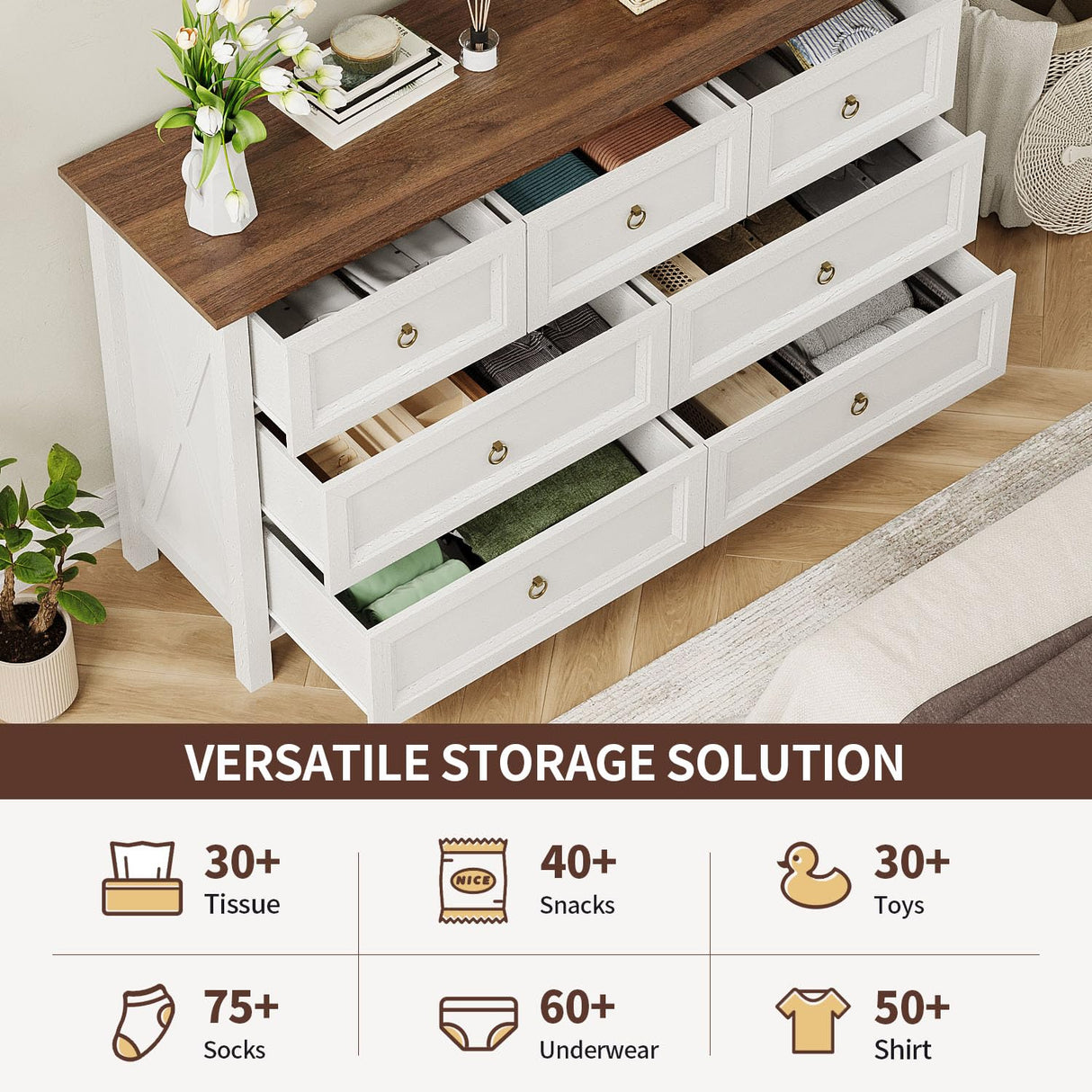 7 Drawer Dresser for Bedroom, 54" Farmhouse Dresser, Rustic Chest of Drawers, White Dresser with Barn Design, Brown Tabletop & Antique Bronze Handles, Wood Dresser for Closet, Bedroom Dressers Angel Sar