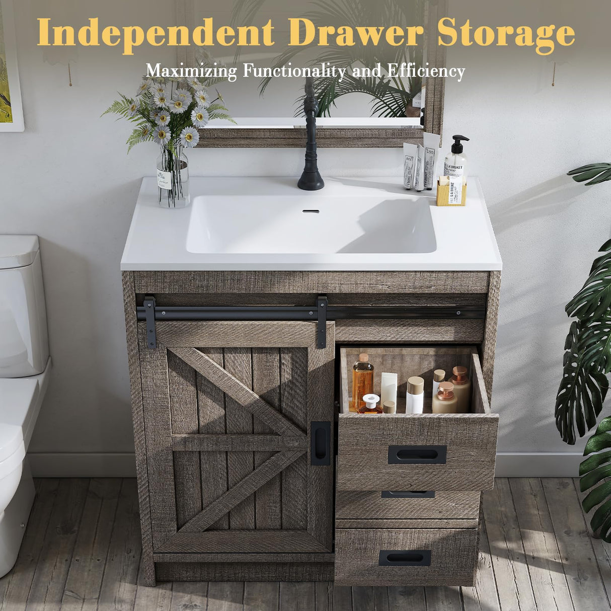 LUXOAK 31" Farmhouse Sliding Barn Door Bathroom Vanity with Sink Combo, Bathroom Vanity Cabinet with Drawers & Metal Handles, Freestanding, Gray LUXOAK