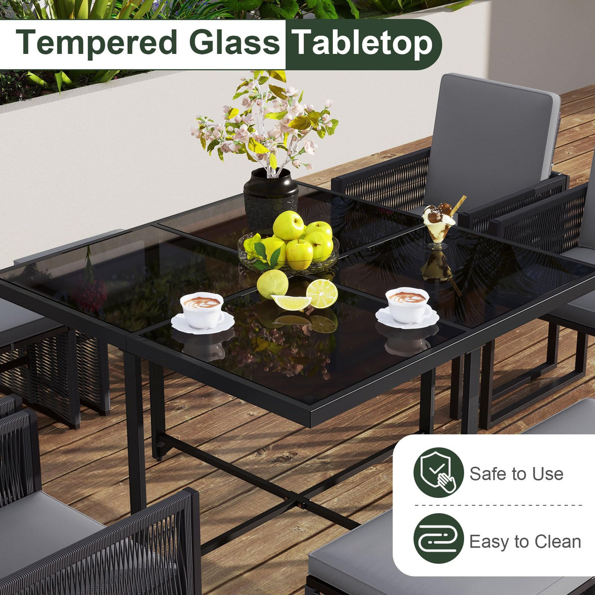 Tangkula 9 Pieces Patio Dining Set, Outdoor Space-Saving Furniture Set with PE Rattan Chairs, Tempered Glass Table and Ottomans, Outdoor Sectional Conversation Set with Cushions for Yard Tangkula