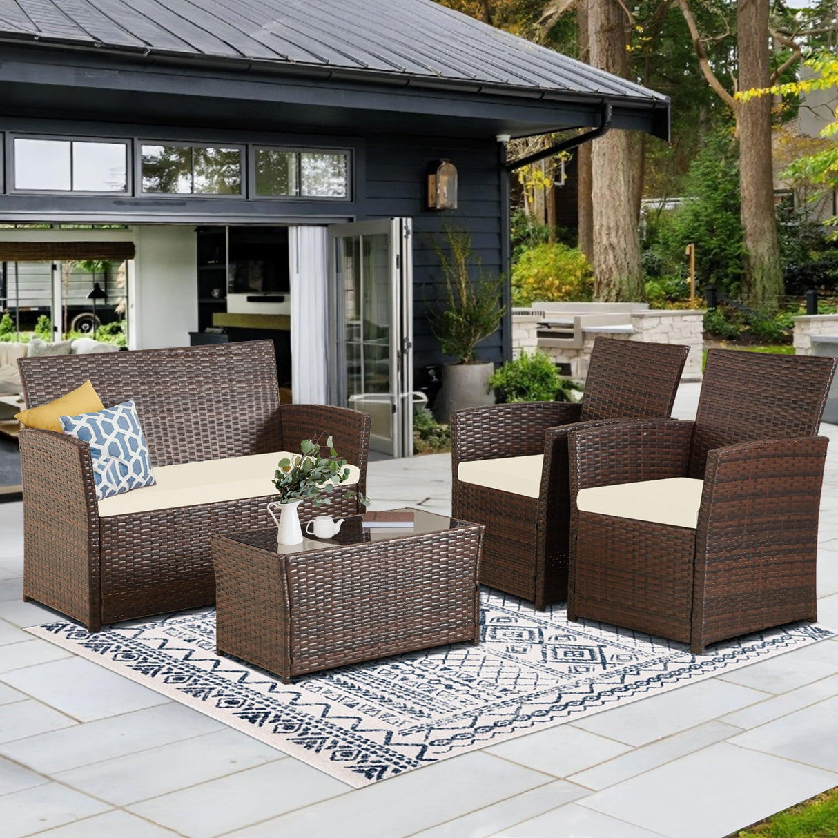 Seogwisam 4 Piece Patio Furniture Set, Outdoor Wicker Conversation Set, Rattan Sectional Sofa Couch with Glass Coffee Table & Thick Cushion for Backyard, Porch, Garden, Poolside, Brown/Beige Seogwisam