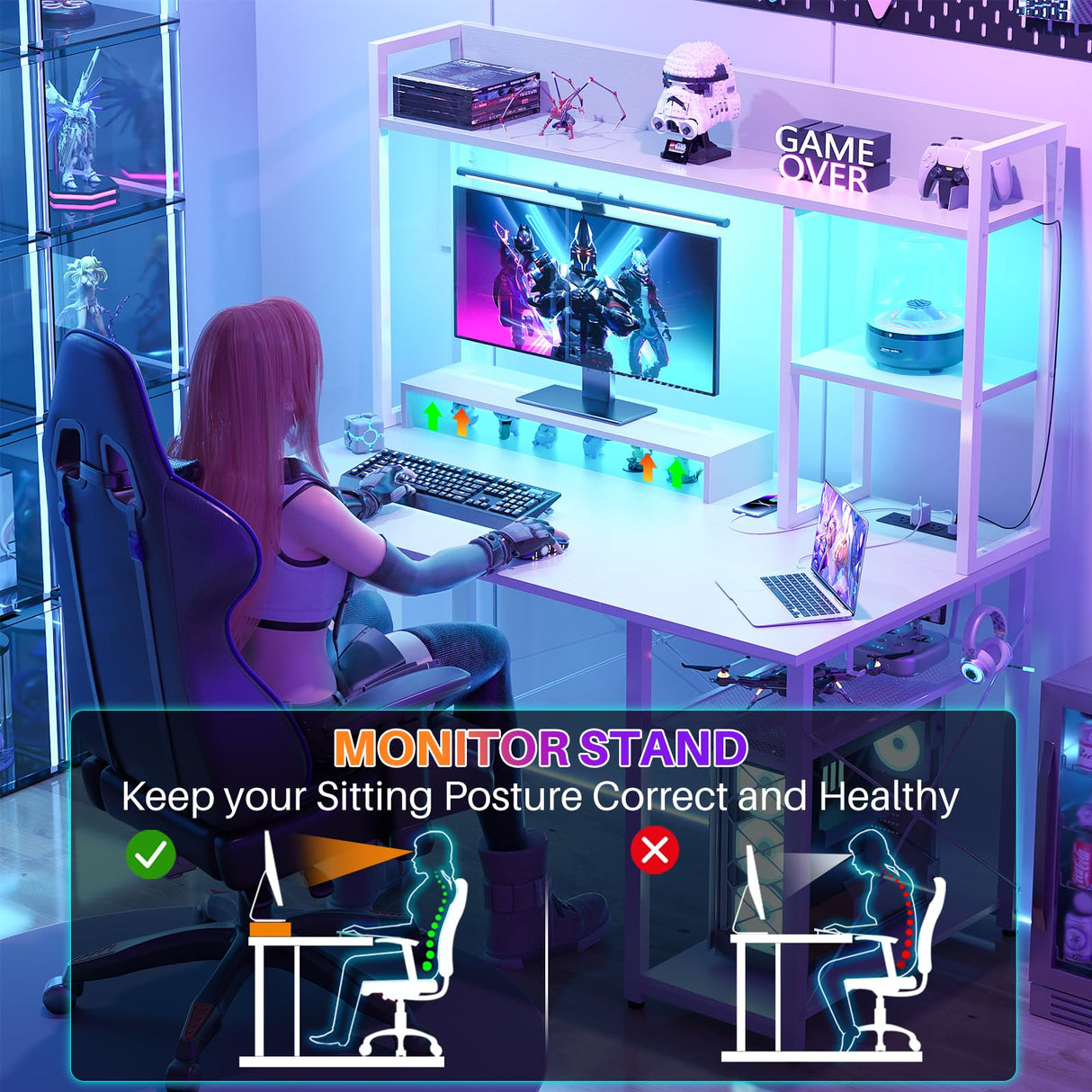 Cyclysio Gaming Desk with Hutch, 39'' Computer Desk with LED Lights & Power Outlets, Home Office Desk with Reversible 5 Tiers Storage Shelves & Monitor Stand, Small Gaming Table for Small Space, White Cyclysio