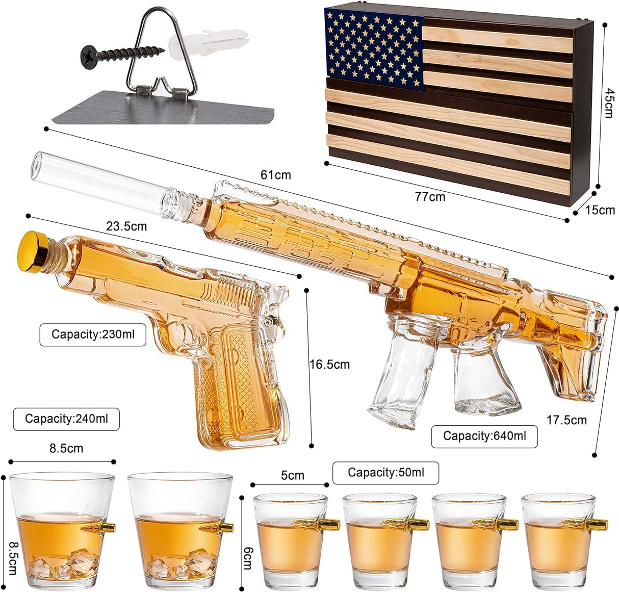 AR15 Whiskey Gun Decanter Flag Set - 1000ml Rifle & Pistol Set - Hanging Storage American Flag Gift Box & Bullet Glasses & Shot Glass, Great Gift - Army, Navy, Marine, Veterans & Gun Enthusiasts Gifts The Wine Savant