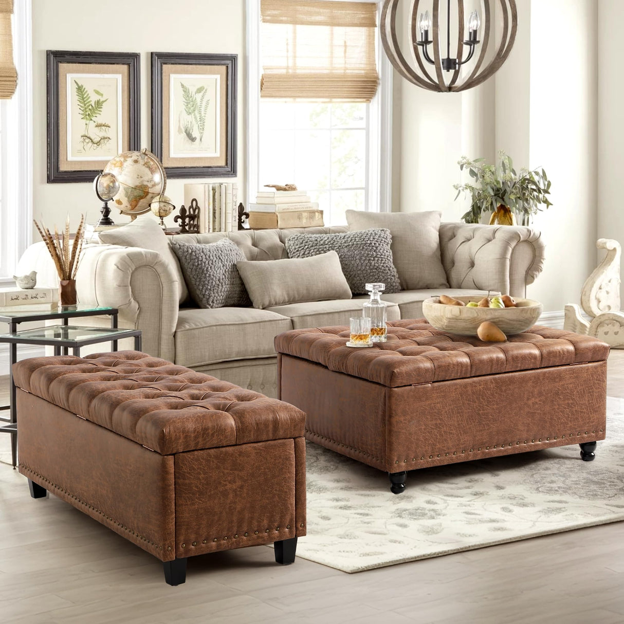 Grepatio 51" Ottoman Storage Benches, 30 Gallons End of Bed Storage Bench, Large Rectangular Ottoman, Button-Tufted Ottomans with Storage for Living Room Bedroom, Foot of Bed (Brown) Grepatio