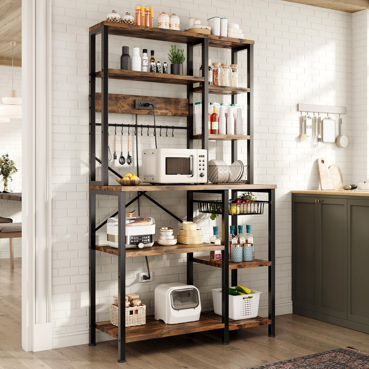 GRUSIGN Kitchen Bakers Rack with Storage, 6-Tier Coffee Bar Station with Power Outlet, Microwave Stand with 12 S-Shaped Hooks, Open Kitchen Storage Shelves for Spices, Pots and Pans, Rustic Brown GRUSIGN