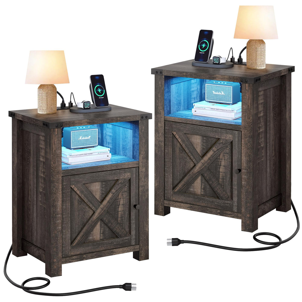YITAHOME Farmhouse Nightstand with Charging Station & LED Lights, Night Stand Set 2 Living Room End Table, Small Bedside Tables Side Tables Bedroom, Rustic Wood Night Stand, Set of 2, Brown Oak YITAHOME