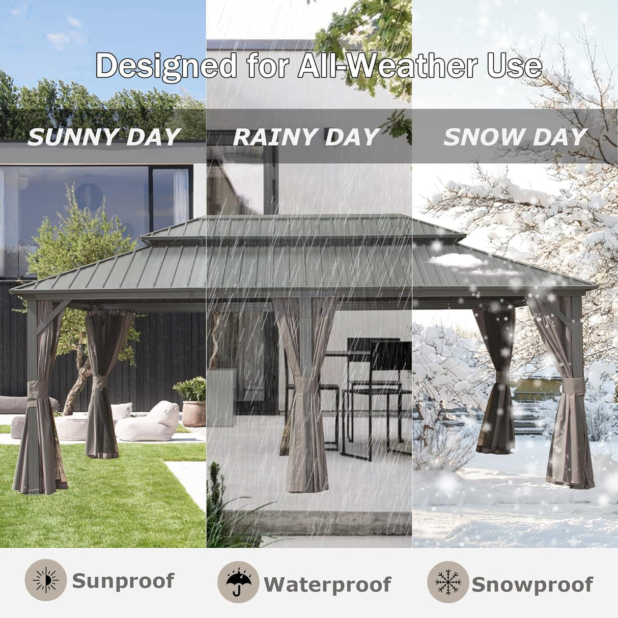 Domi 12’ x 18’ Hardtop Gazebo Aluminum Frame Canopy with Netting & Curtains, Outdoor Permanent Metal Pavilion with Galvanized Steel Double Roof for Patio Lawn and Garden, Gray domi outdoor living