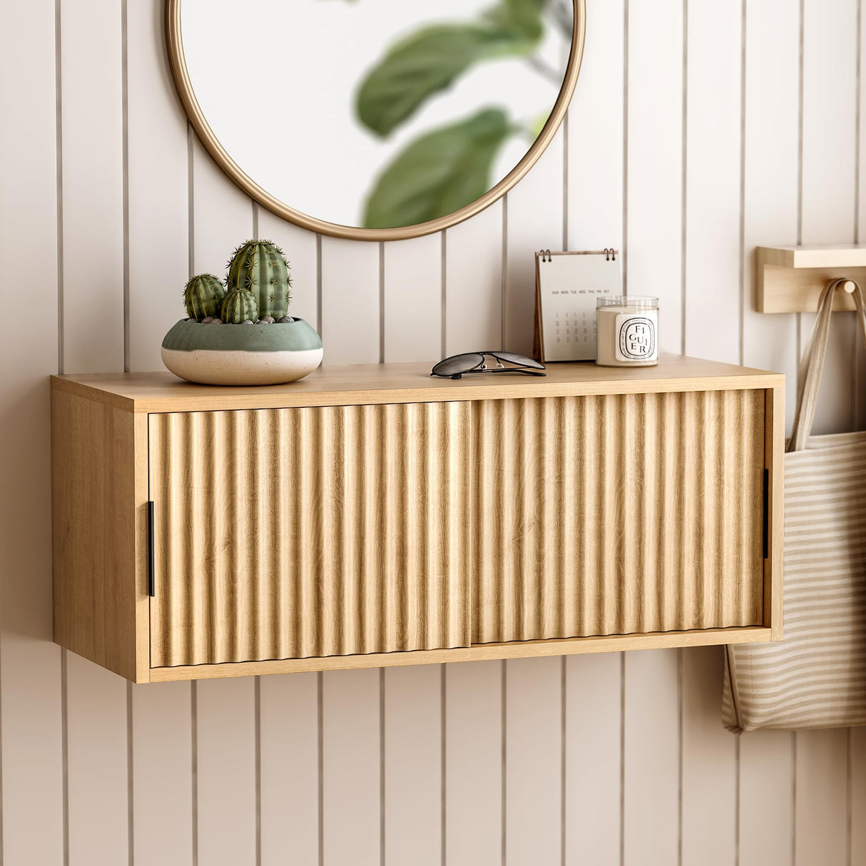 EYYTHUNG Floating Nightstand with Sliding Doors, Modern Large Night Stand Storage Shelf Wall Mounted Bedside Tables for Bedroom, Study Room Natural Oak EYYTHUNG