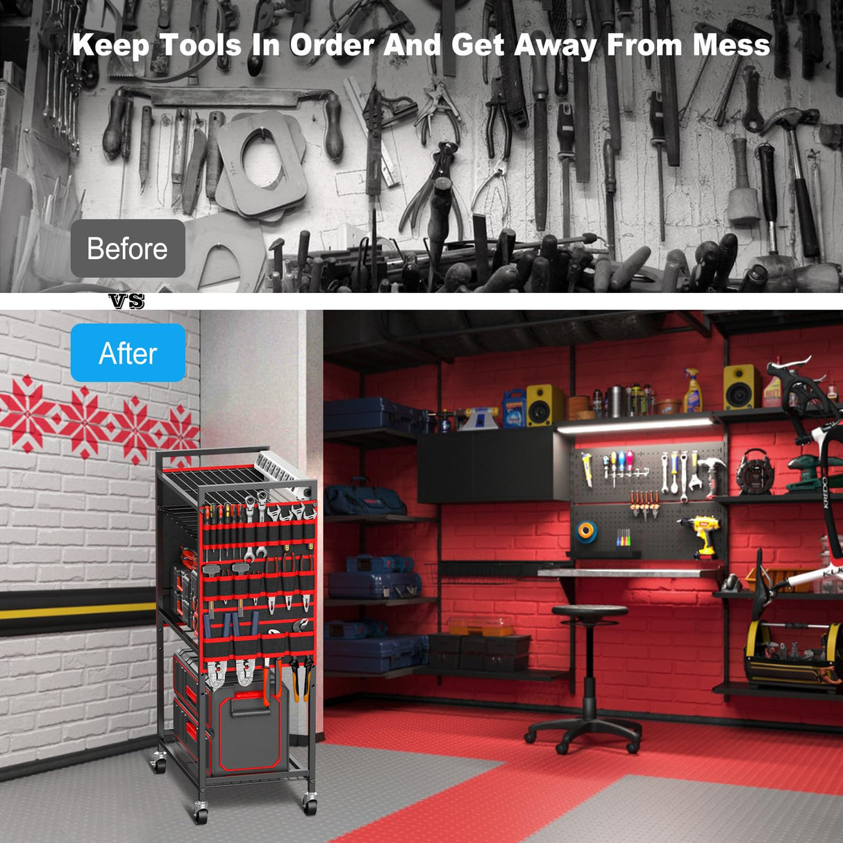 JUNNUJ Large Power Tool Organizer Cart with Charging Station, Garage Floor Standing Rolling Drill and Tools Battery Storage Cart on Wheels, Heavy Duty Utility Rack Shelf with 8 Outlet Power Strip, Red JUNNUJ