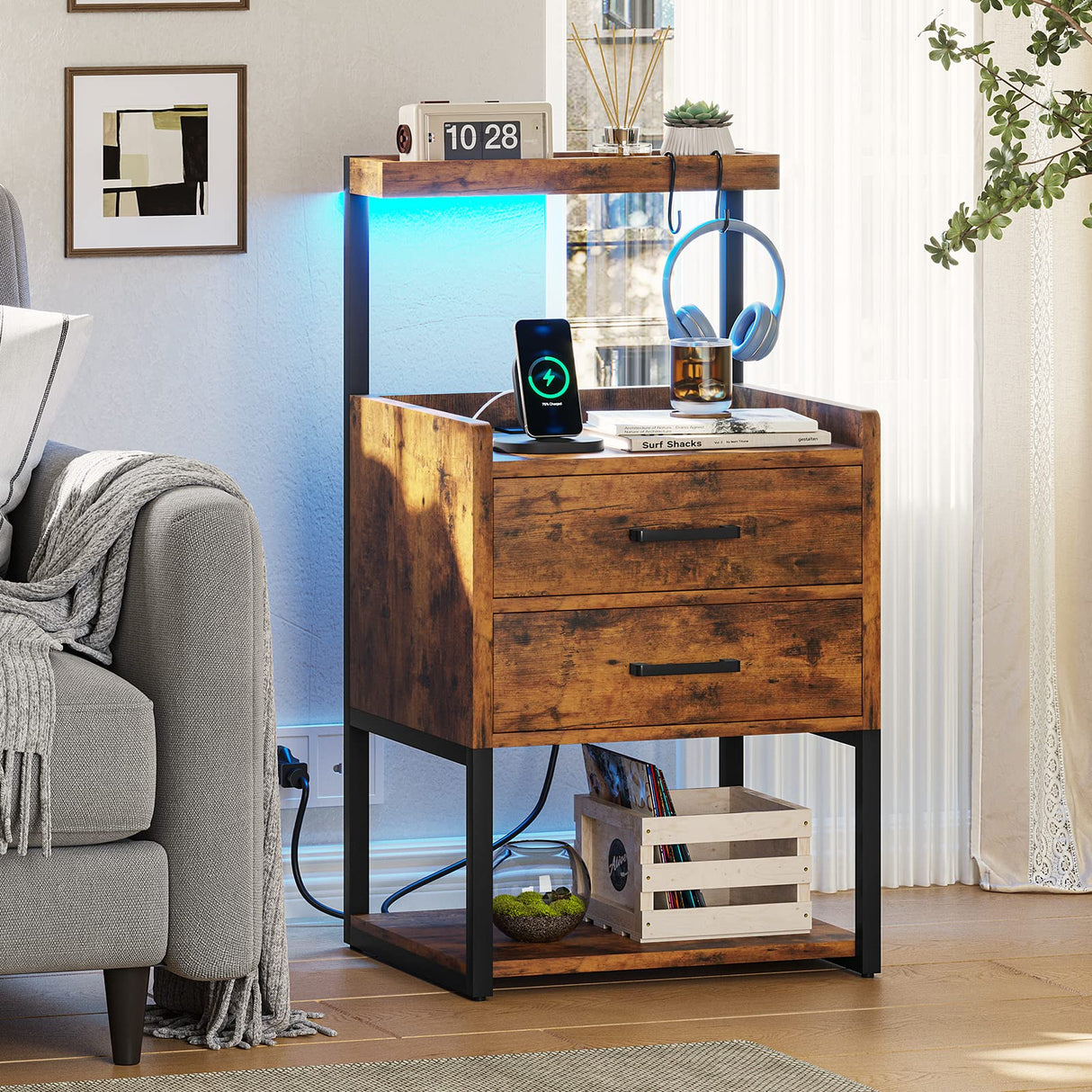 AOGLLATI LED Nightstand Set of 2 with Charging Station, 2 Drawers Night Stand with LED Lights for Bedroom, 2 USB Ports, 2 Power Outlets, Bed Side Table with Storage Shelves AOGLLATI