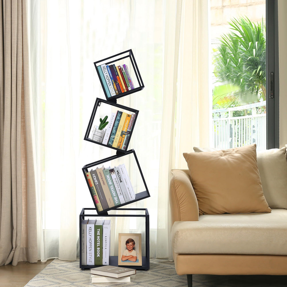 Bookshelf, 4-Tier Geometric Black Bookcase, 49" Tall Modern Corner Bookshelf, Storage Shelves for CDs/Books/Home Decor, Display Shelf for Living Room, Bedroom, Study Room, Nursery Room, Home Office Weltallina