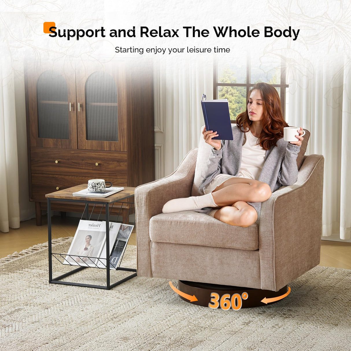 VINGLI Mid-Century Modern Swivel Accent Chairs Set of 2, 360°Upholstered Armchairs, Home Sofa with Track Arms for Living Room, Bedroom, Reading Room, Club Swivel Chairs, Chenille Khaki VINGLI