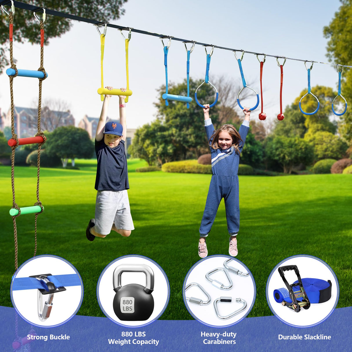 NINJA LINE 2x56FT Ninja Warrior Obstacle Course for Kids, Ninja Slackline with 11 Accessories, Slackline Kit with Pulley, Rope Ladder, Monkey Bar,Arm Trainer, Climbing Rope ninja line