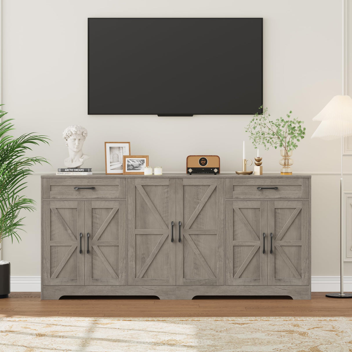 BOTLOG 71” Large Sideboard Buffet Cabinet with Storage, Farmhouse Kitchen Buffet Cabinet with Adjustable Shelves and 6 Barn Doors, Wood Coffee Wine Bar Console Table for Kitchen, Dining Room, Ash Grey BOTLOG