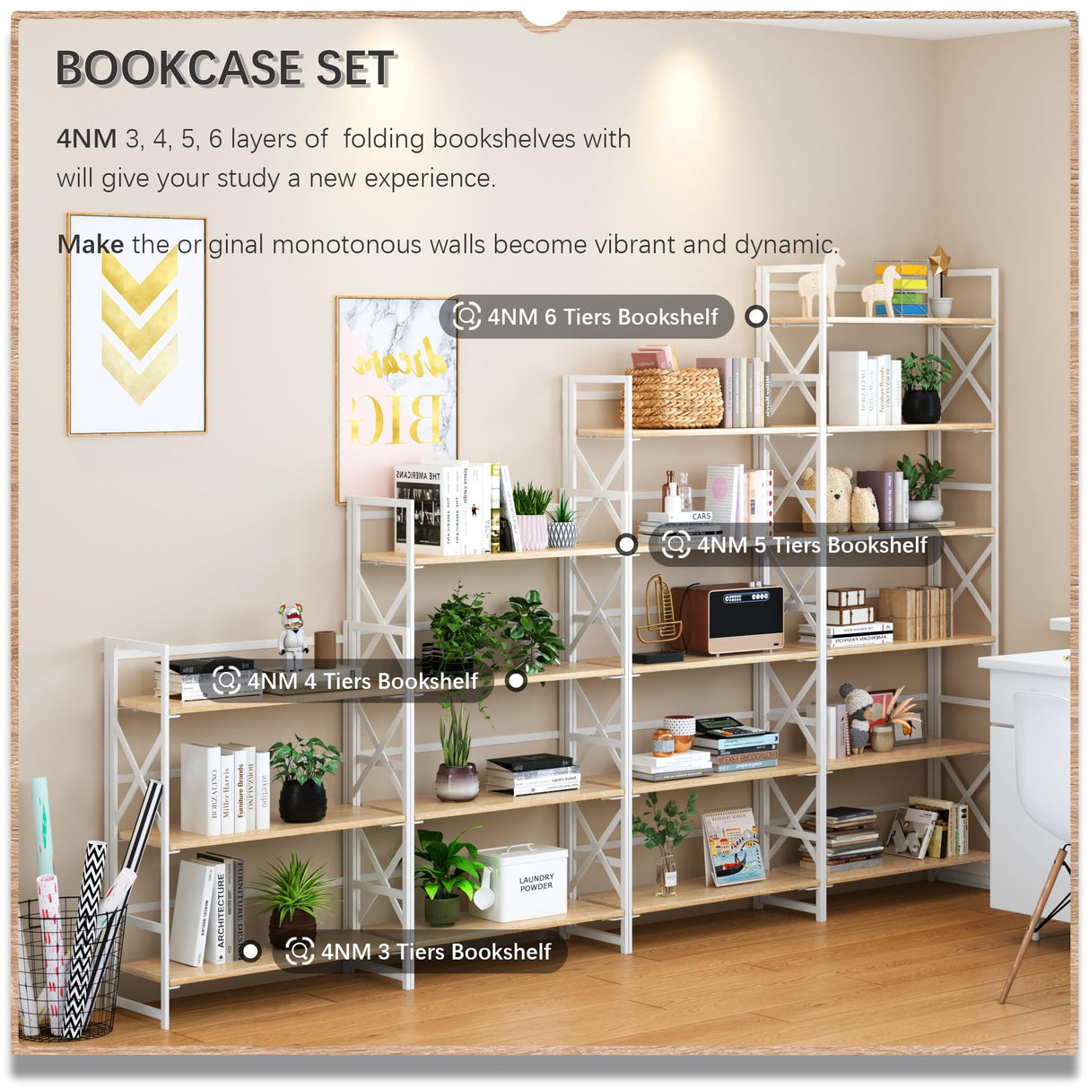 4NM 6 Tiers No Assembly Book Shelves, 61.8" H Folding Bookshelf Bookcase Open Industrial Foldable Shelves for Bedroom, Living Room, Home Office - Natural White