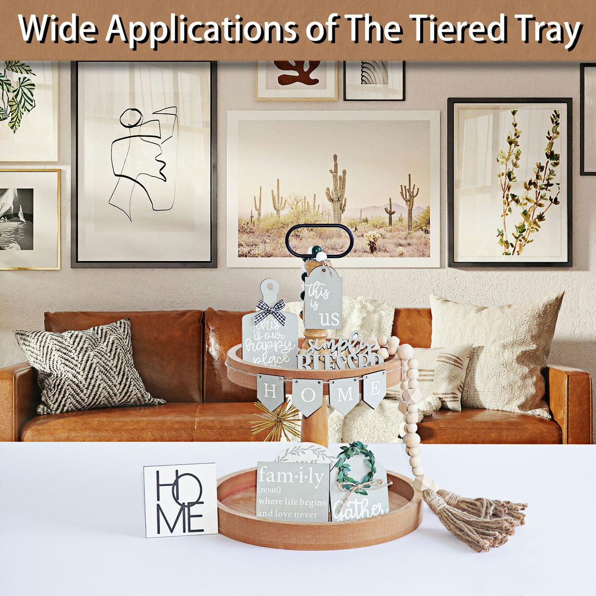 Krismax Decorative Tray - Two Tiered Tray Stand, Rustic Round Farmhouse Style Tiered Tray Decor, Farmhouse 2 Tiered Serving Tray, Holiday Decoration Wooden Tray for Coffee Table Display Stand(Brown) Krismax