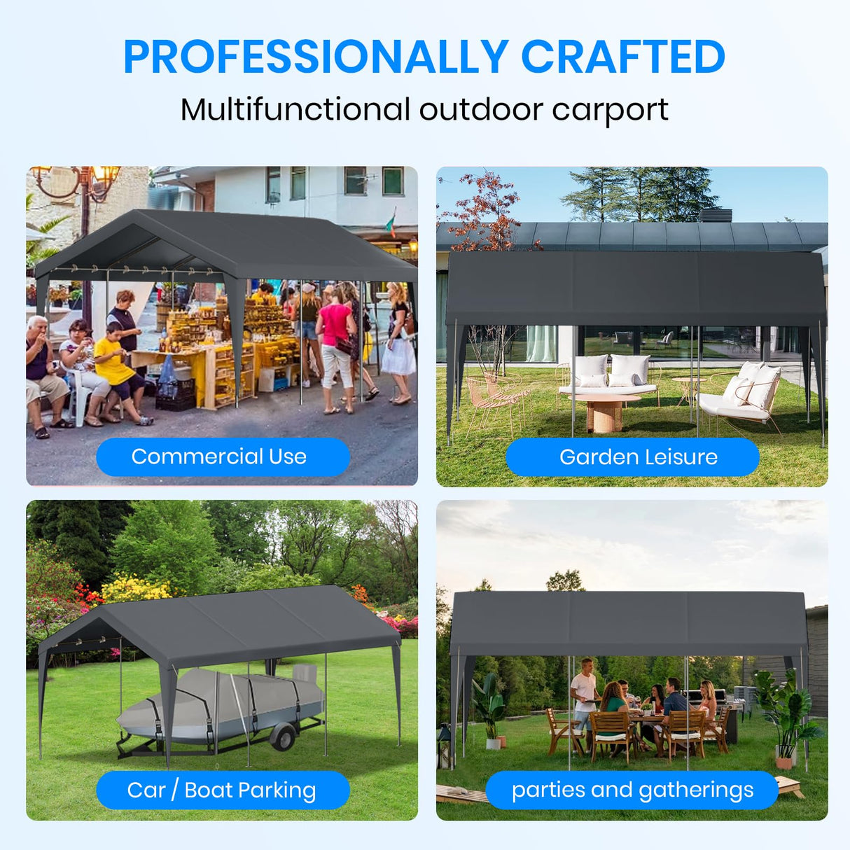 Carport 10x20 Heavy Duty Portable Garage,Galvanized Frame Carport Canopy,Portable Garages and Shelters with 8 Leg&4 Wind Rope,Car Tent Garage with All-Season Tarp for Boat Truck Bike,Without Sidewall BUPPLEE