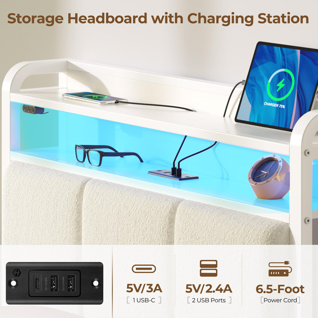 Rolanstar Bed Frame Twin Size with Charging Station and LED Lights, Upholstered Headboard with Storage Shelves, Heavy Duty Metal Slats, No Box Spring Need, Noise Free, Easy Assembly, White Rolanstar