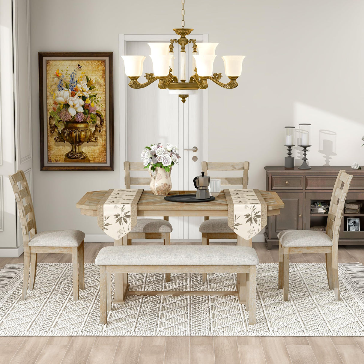 LUMISOL 6-Piece Farmhouse Dining Table Set, Solid Wood Kitchen Table Set with 4 Upholstered Chairs and Bench for Kitchen, Dining Room, Small Space, Natural LUMISOL