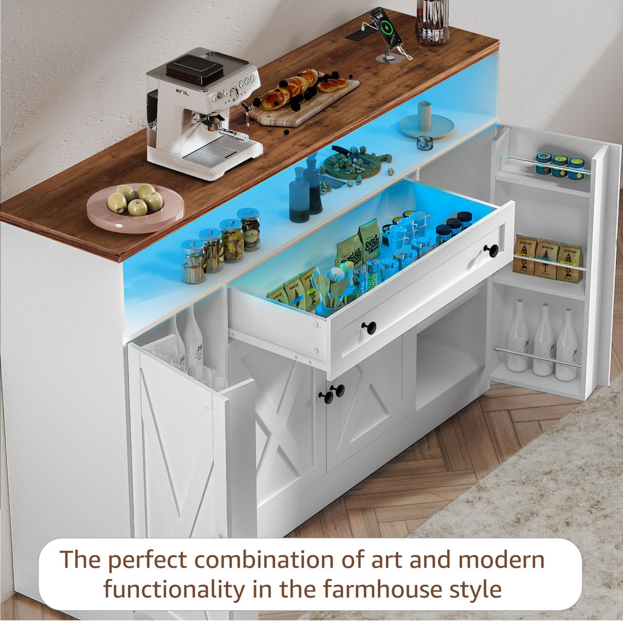 FJTJBSI 55" Buffet Cabinet with Power Outlets and Lights Large Kitchen Sideboard Buffet with Drawers Farmhouse Kitchen Storage Cabinet with Adjustable Shelves Coffee Bar Station for Coffee Bar Room FJTJBSI