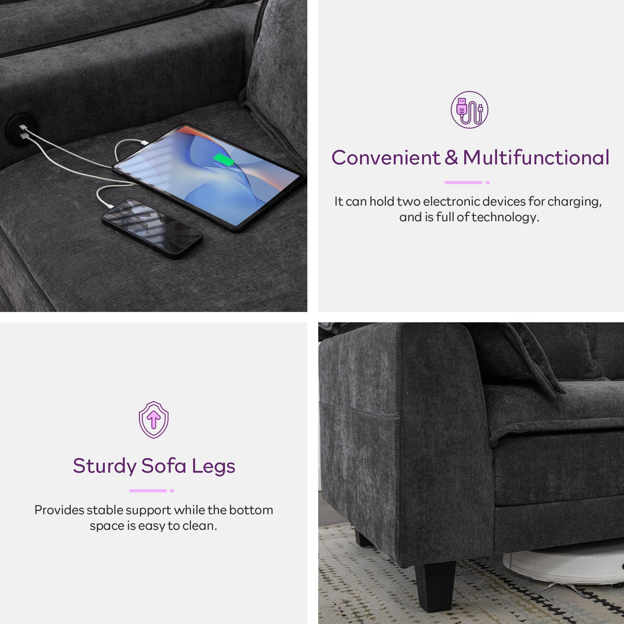 TYBOATLE 85" W Living Room Couch, Comfy Mid-Century Modern Grey Couch w/2 USB Charger & Wide Arms, 3 Seater Sofa w/2 Side Pockets for Bedroom, Apartment, Office TYBOATLE