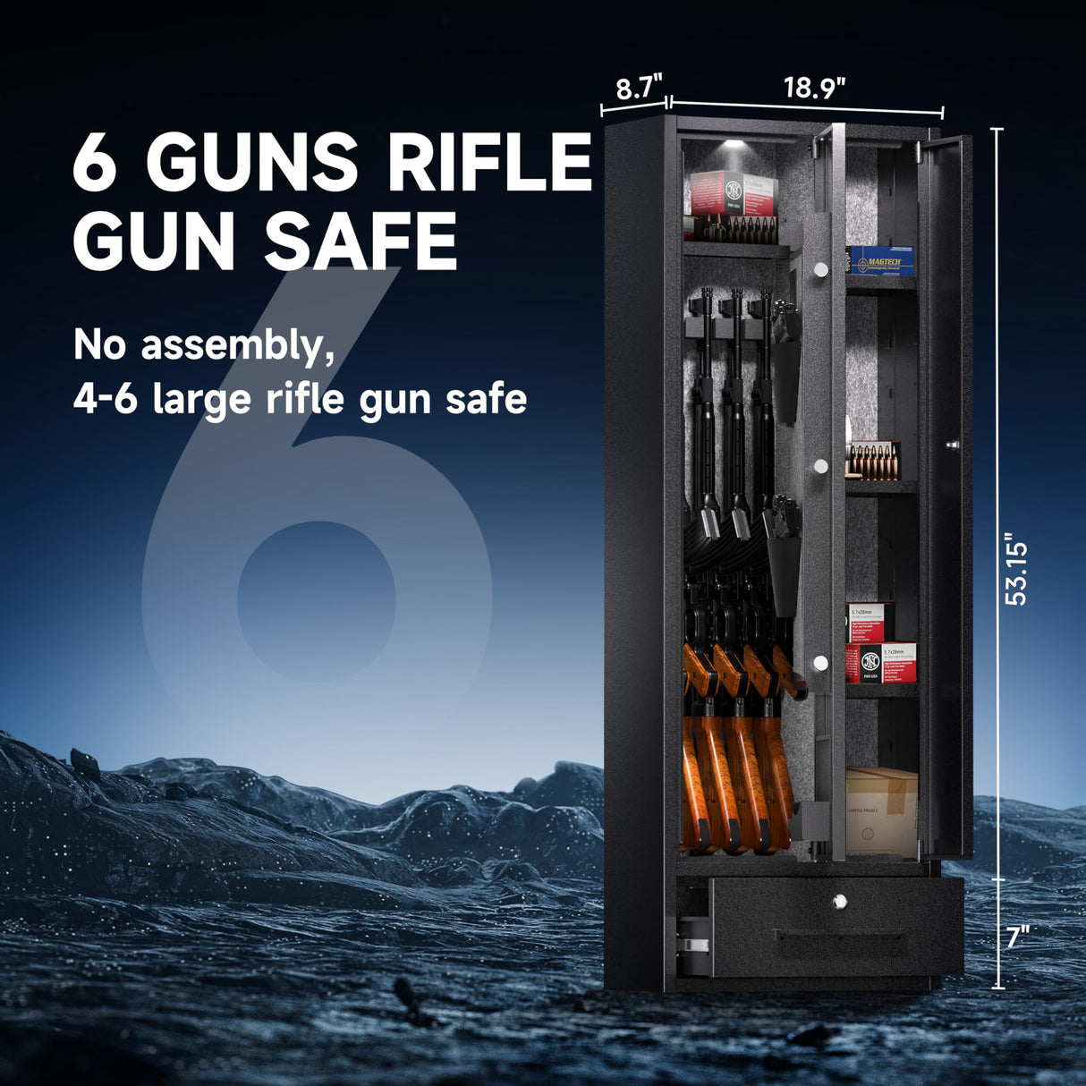 KAER 6 Gun Safe,Gun Safe for Rifles and Pistols Gun Cabinet,Multi-Function Rifle Safes for Home Shotgun and Shotguns Storage,Long Gun Safe with Drawer,Magnetic Lamp,Handgun Pouch KAER