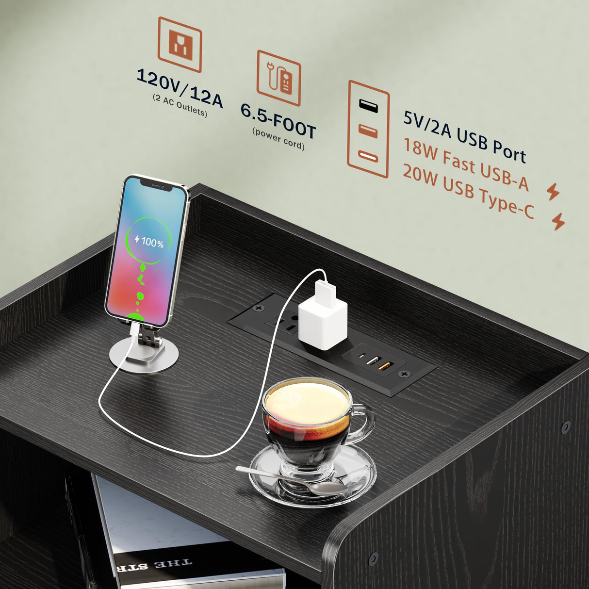 LAKEMID Night Stand with Charger Station, Bedside Table with LED Lights, Side Table with Fast USB-C Port, Nightstand with Solid Wood Feet, Small End Table for Bedroom, Living Room, Black LAKEMID