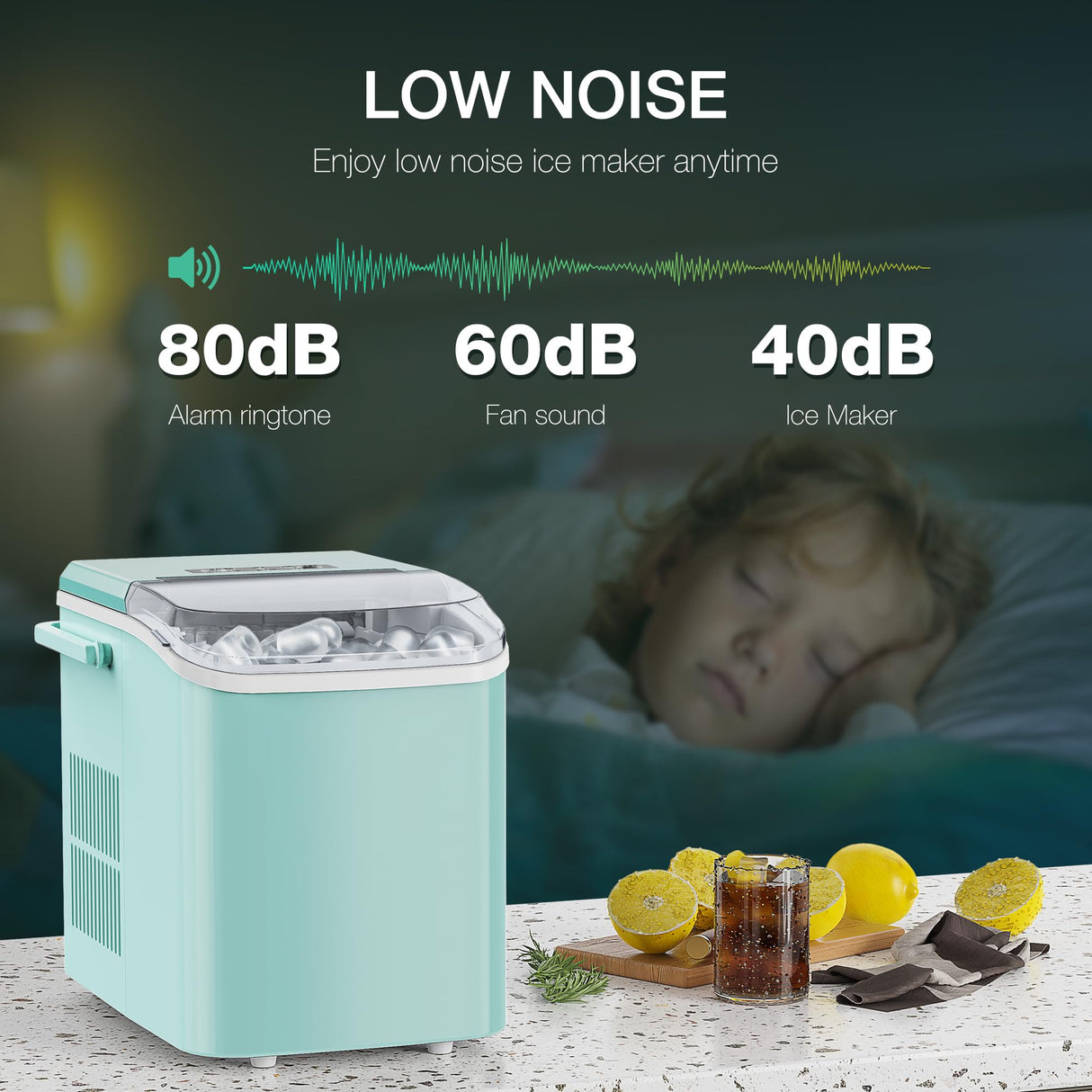 SMUG Countertop Ice Maker, 9 Cubes in 6 Mins, 26lbs in 24Hrs, 2 Sizes of Bullet Ice, Auto-Cleaning, Portable Ice Machine with Handle, Basket and Scoop for Home Kitchen, Party and Camping (Green) SMUG