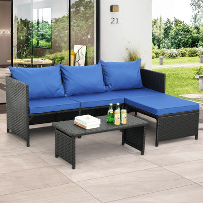 Valita 3-Piece Outdoor PE Rattan Furniture Set Patio Black Wicker Conversation Loveseat Sofa Sectional Couch Royal Blue Cushion