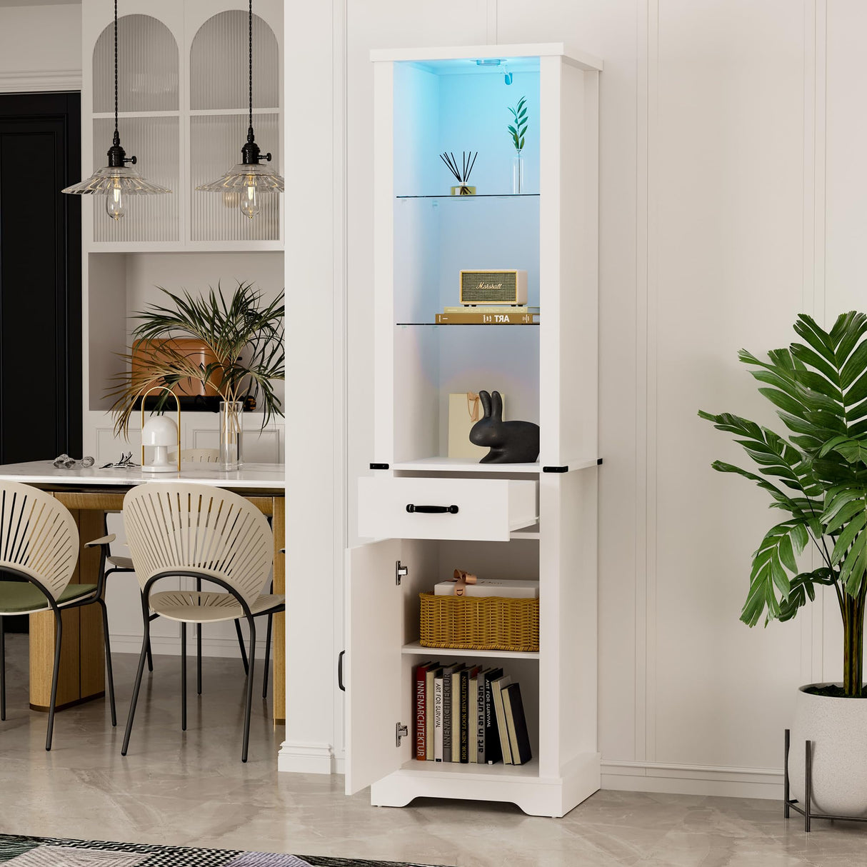 RoyalCraft 75'' Tall Storage Cabinet with LED Light, Farmhouse Pantry Cabinet with Tempered Glass Adjustable Shelves & Barn Door, Freestanding Linen Tower for Bathroom, Living Room, Kitchen, White RoyalCraft