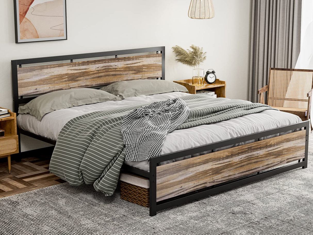 IKIFLY California King Size Industrial Metal Bed Frame with Wooden Headboard and Footboard IKIFLY
