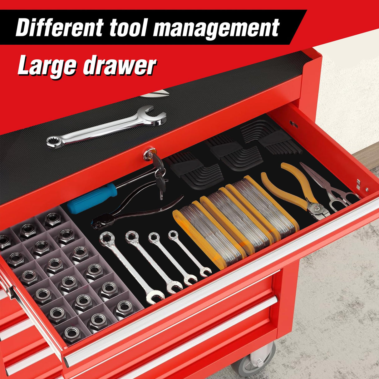 lunhung 7 Drawers Metal Rolling Tool Chest on Wheels, Tool Storage Cabinet Metal Tool Box with Lock, Multifunctional Drawers Rolling Tool Cart for Garage, Warehouse, Workshop, Repair Shop (Red) lunhung