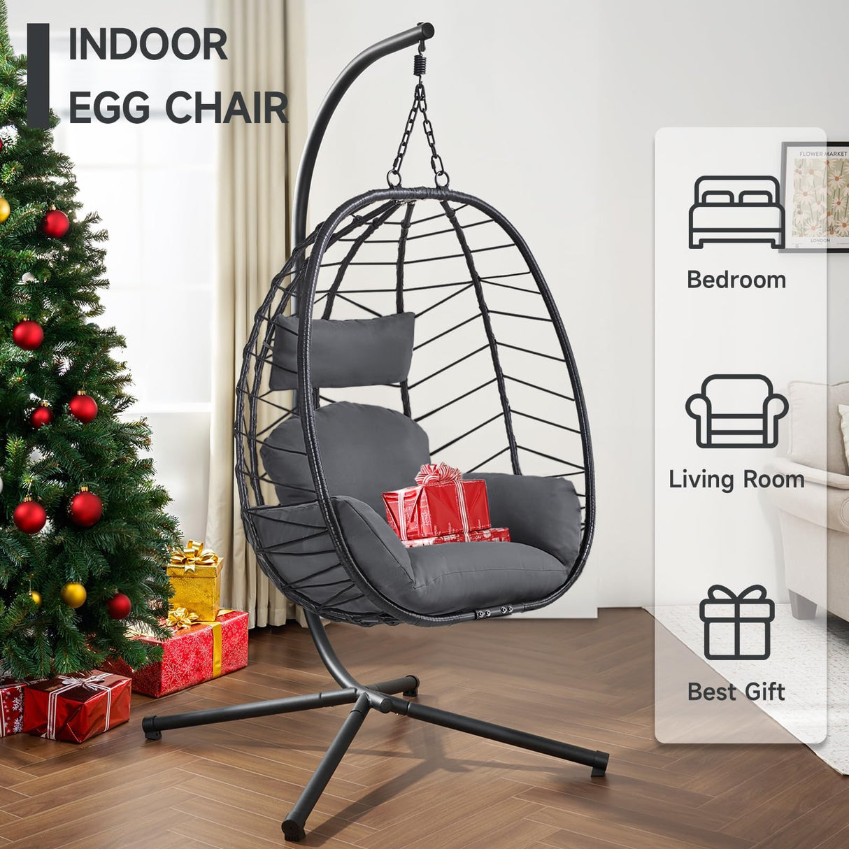 ONBRILL Hanging Egg Chair with Stand, Outdoor Indoor Egg Swing Chair with Cushion Headrest, Wicker Rattan Egg Chair with Dual Chains, 350LBS Capacity for Patio, Porch, Balcony, Bedroom (Dark Gray) ONBRILL
