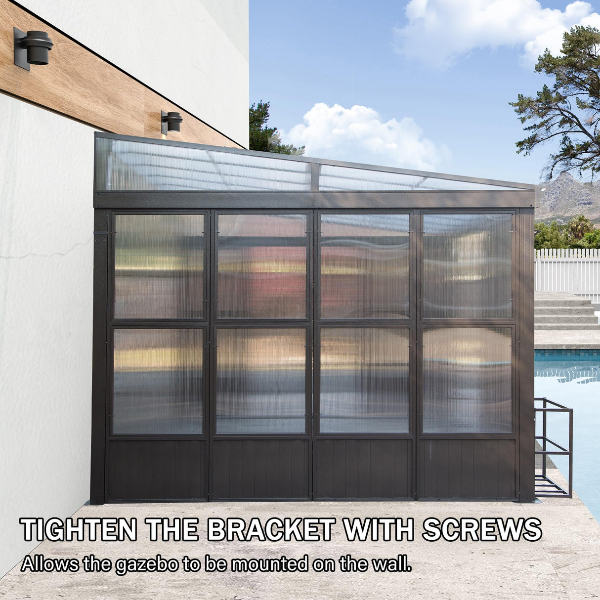 Domi 10x14FT Wall Mounted Sunroom Gazebo, Aluminum Enclosed Gazebo with 2 Lockable Sliding Doors,Sloping Polycarbonate Roof&Moveable PVC Screen, Outdoor Sun Room Lean to Gazebo for Deck Patio domi outdoor living