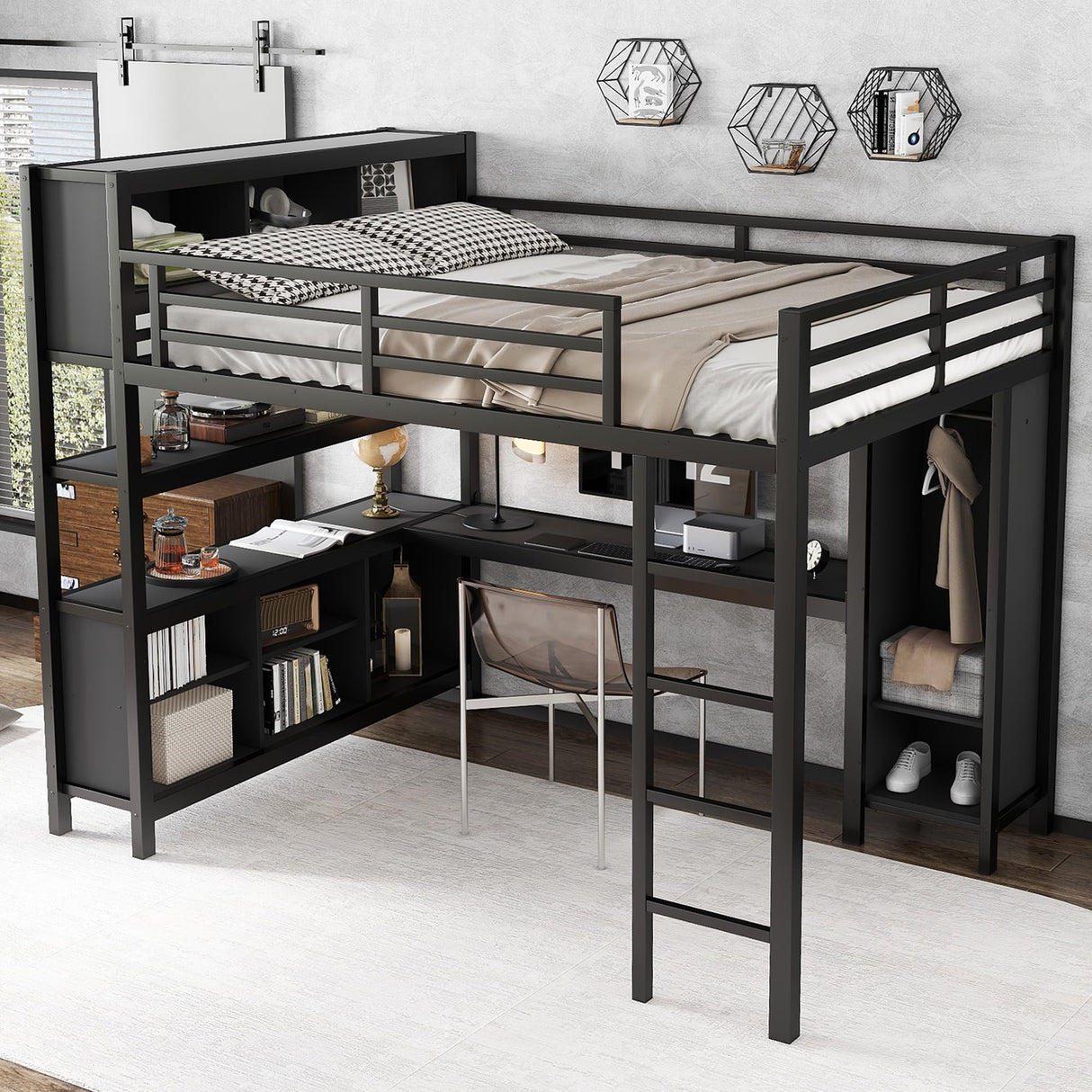 Bellemave Queen Size Loft Bed with Desk, Wardrobe & Storage Shelves, Modern Metal Loft Bed Frame for Adults, Teens, Kids, Space-Saving Queen Bed for Small Rooms, Dorms, Apartments (Queen, Black) Bellemave