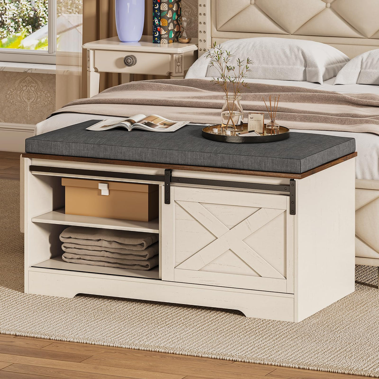 UPOSOJA Farmhouse Storage Bench with Cushion, Shoe Rack with Slide Barn Doors, Adjustable Shelf and 2 Drawer for Entry, Bedroom, Closet, Living Room, Hallway (White Brown, 40 in) UPOSOJA