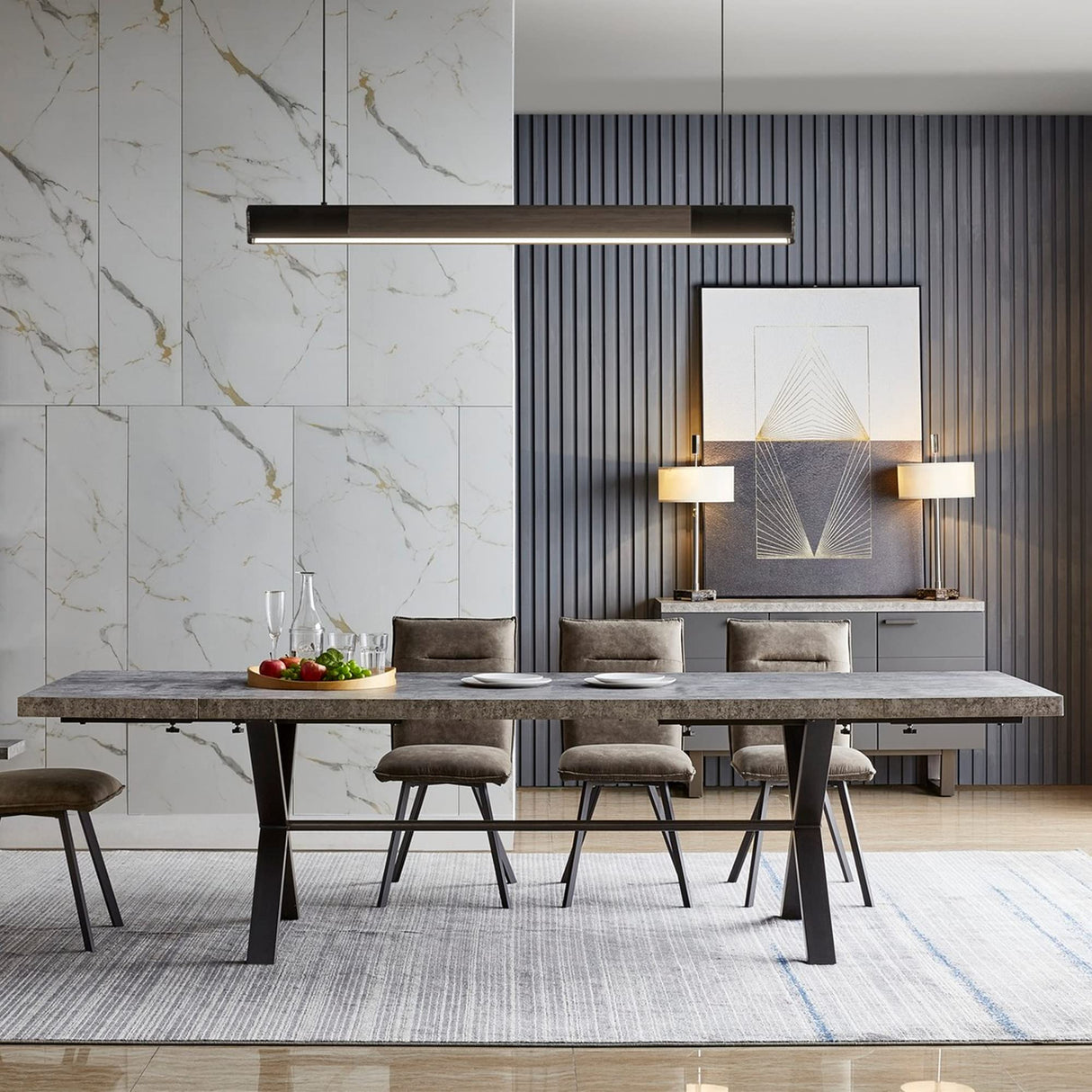 Acanva Expandable Dining Table for 6-8 Seat, Modern Rectangle Design with Extension Leaf for Kitchen Restaurant, Thicker Top and Carbon Steel Pedestal, 74.9''(+40)Wx37''Dx30''H, Dark Grey Acanva