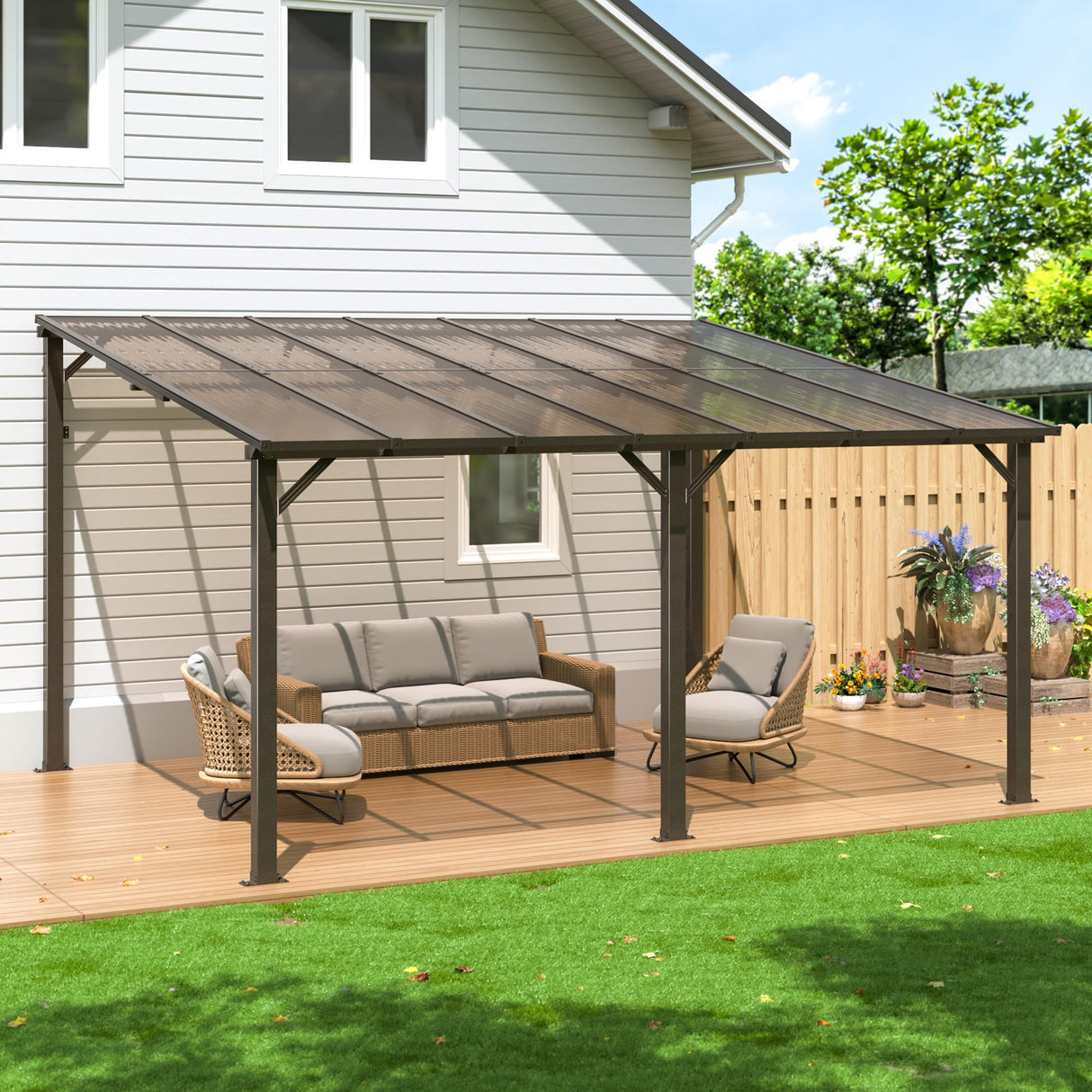 WKM 10x14 FT Wall Mounted Gazebo, Lean to Gazebo Hard Top, Decks, Porch and Backyard WKM