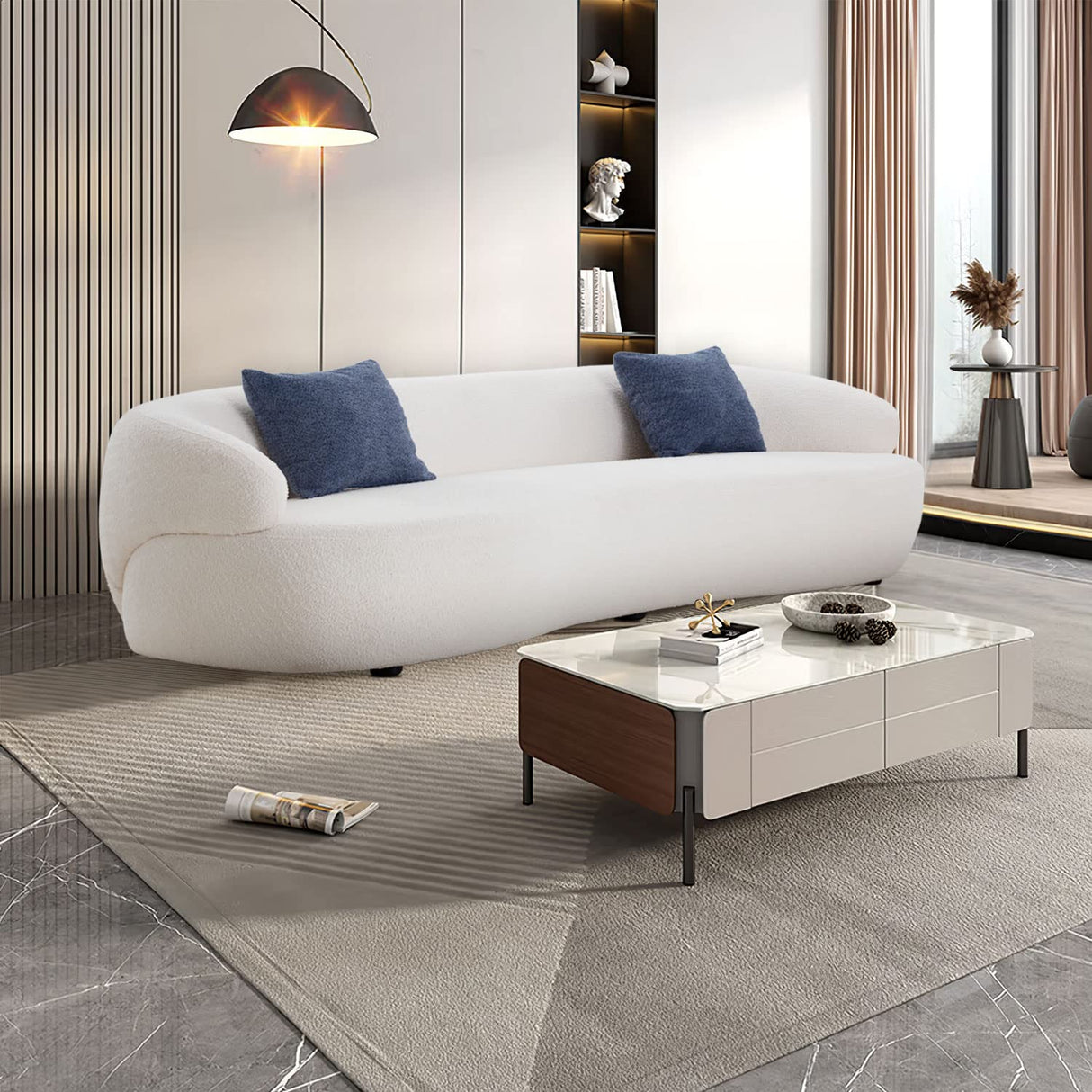 KEVINSPACE 86.61" Curved Sofa, Mid Century Modern Living Room Sofa, 3 Seater Boucle Couch with 2 Pillows, Luxury Curved Back Sofa Cream Couch for Bedroom, Office, Apartment, Beige KEVINSPACE