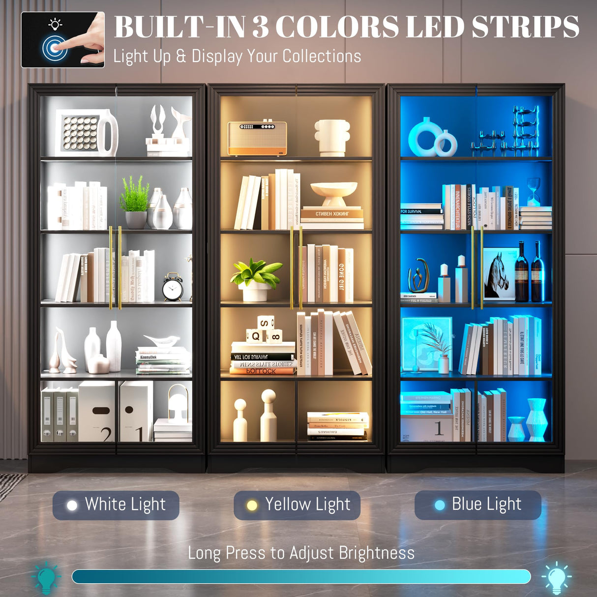 LVSOMT Display Cabinet with Glass Doors, 65" Tall Bookcase with 3 LED Lights/Human Body Sensor, 5 Tier Display Cases for Collectibles, Adjustable Storage Shelves, Home Office, Living Room, Black LVSOMT