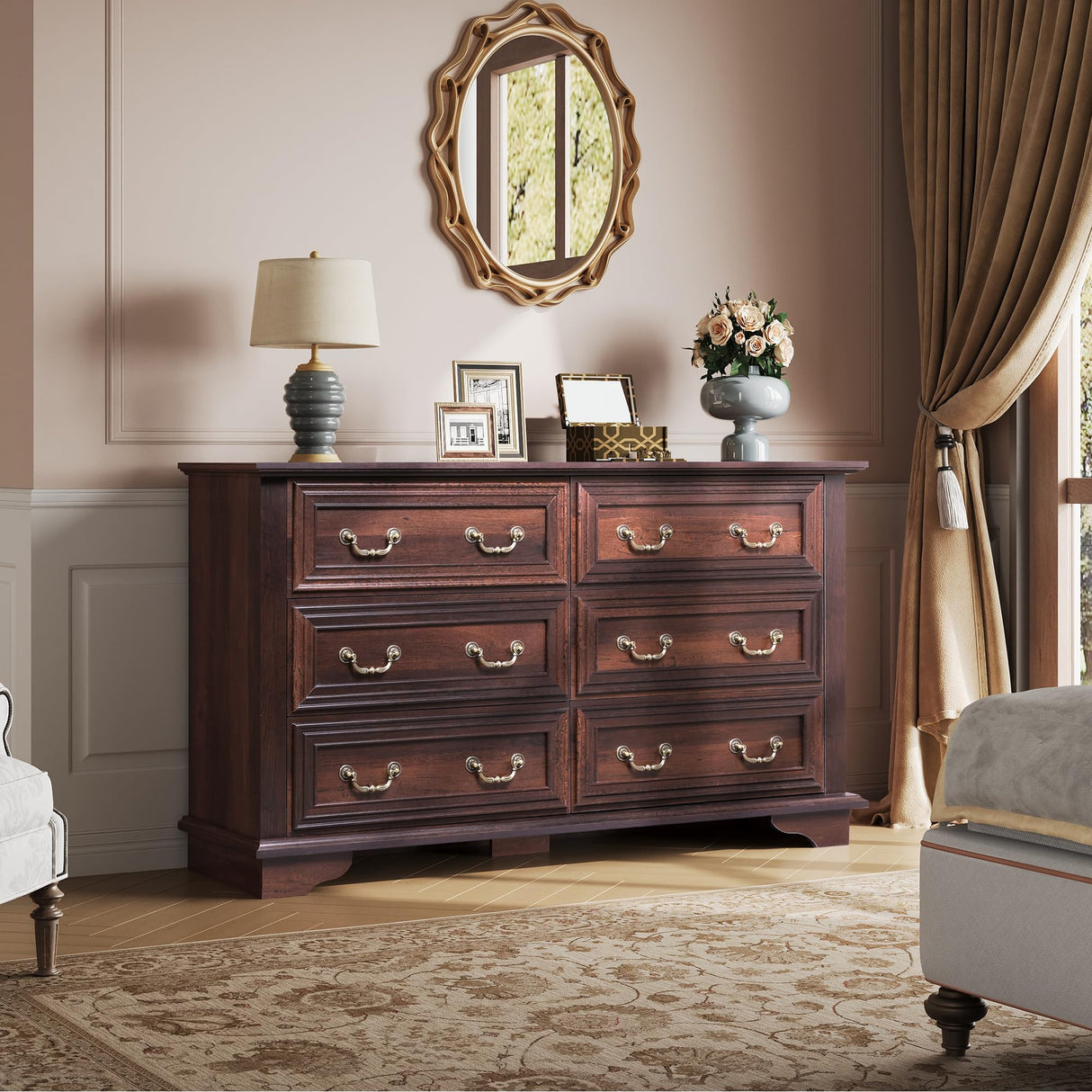 WLIVE Wood Dresser for Bedroom with 6 Drawer, 51.97'' Wide, Farmhouse Long Storage Dresser Organizer with Roman Metal Handle, TV Stand for 60 inch TV, Chest of Drawers for Living Room, Hallway, Brown WLIVE