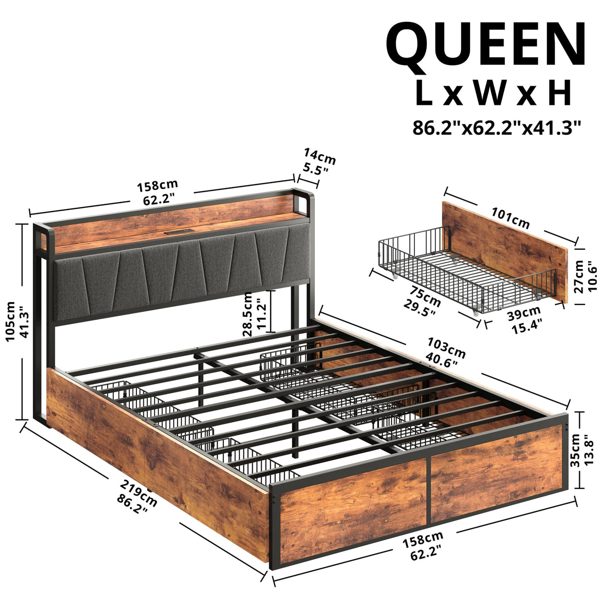 LIKIMIO Vintage Brown Queen Bed Frame with 4 Storage Drawers and Charging Headboard LIKIMIO