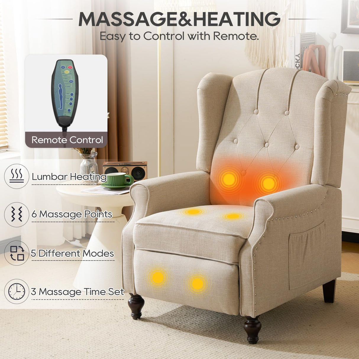 P.H.Furn Wingback Recliner Chair with Massage and Heat, Upholstered Fabric Living Room Chair Armchair with Nailhead Trim,Push Back Recliner Chair with Remote Control,Padded Cushion P.H.Furn