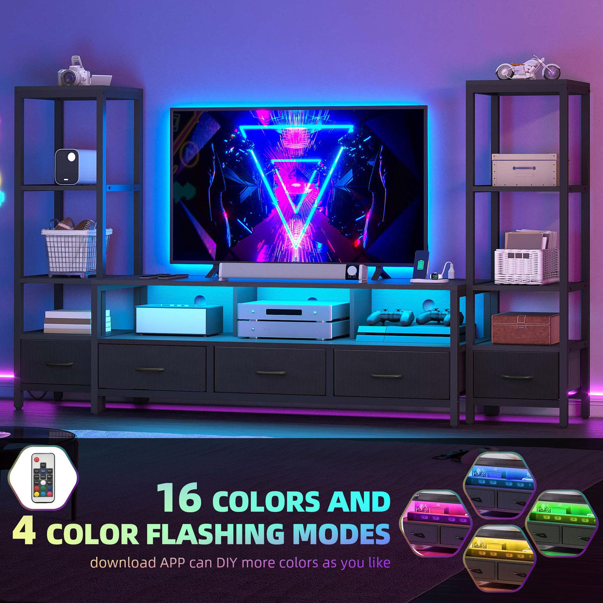 DWVO Entertainment Center with Bookshelves, LED TV Stand for 65/60 inch TV, Black TV Stand for Living Room with 2 Modern 4-Tier Bookshelves & Power Outlets, Black DWVO