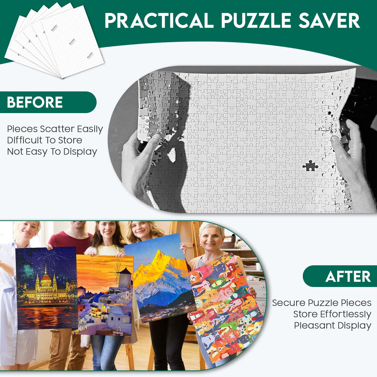 Nariolar Ultra Adhesion Puzzle Glue Sheets; 16 Jigsaw Puzzle Saver Sheets; 2 x 1000 Pieces Saver Nariolar