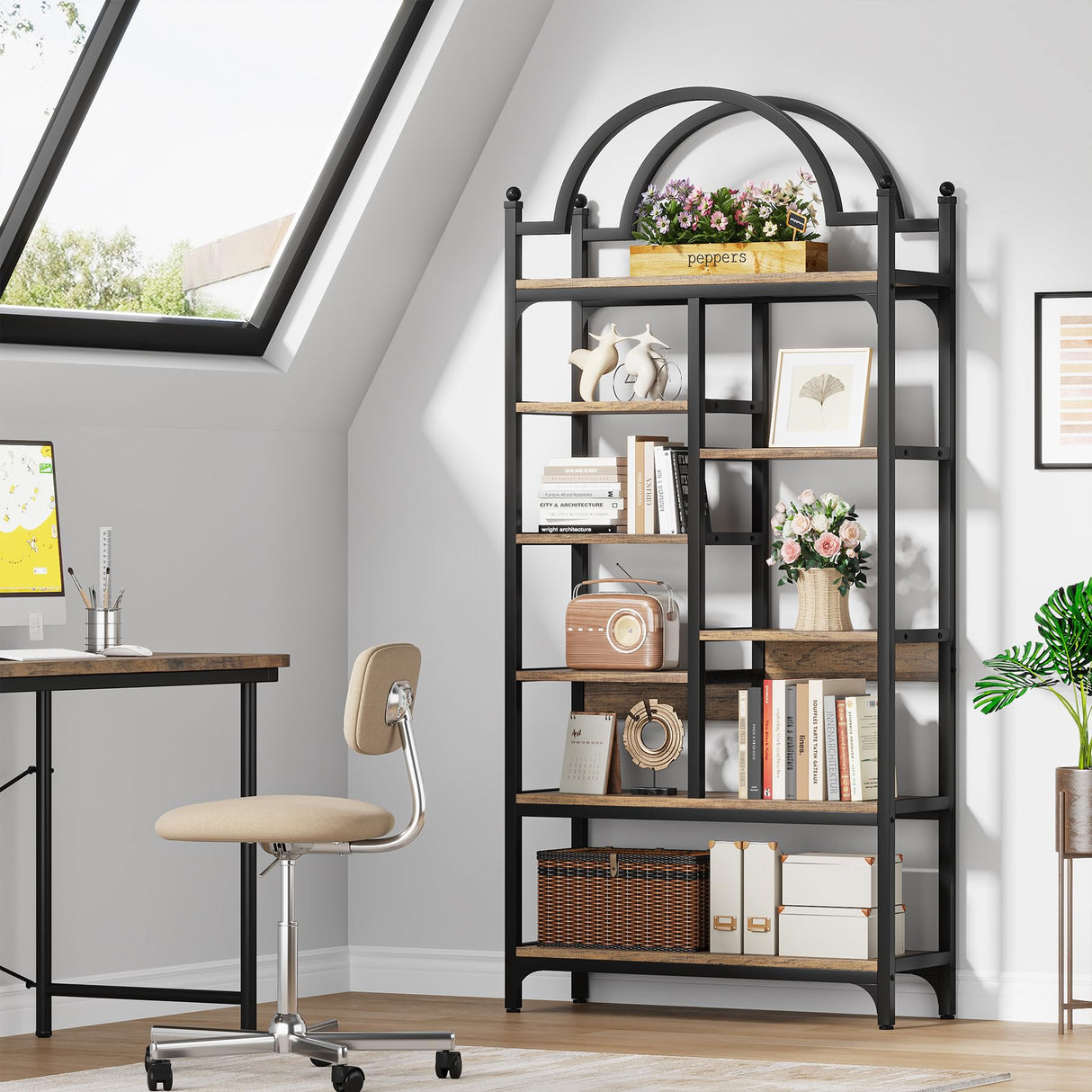 Condemo 71 inch Tall Bookshelf, 8-Tier Industrial Arched Etagere Bookcase, Open Display Storage Shelf for Living Room, Bedroom, Home Office, Rustic Brown Condemo