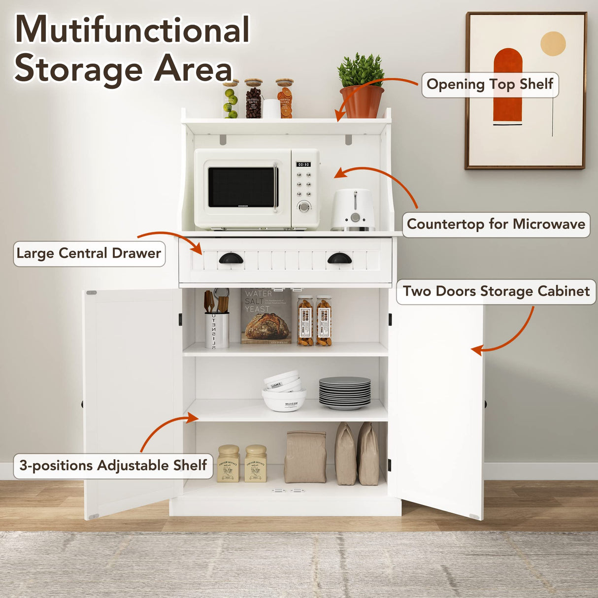 HOLTICO 54" Freestanding Kitchen Pantry Storage Cabinet with Doors and Adjustable Shelves, Microwave Oven Stand with Drawer for Kitchen, Bathroom or Hallway, White HOLTICO