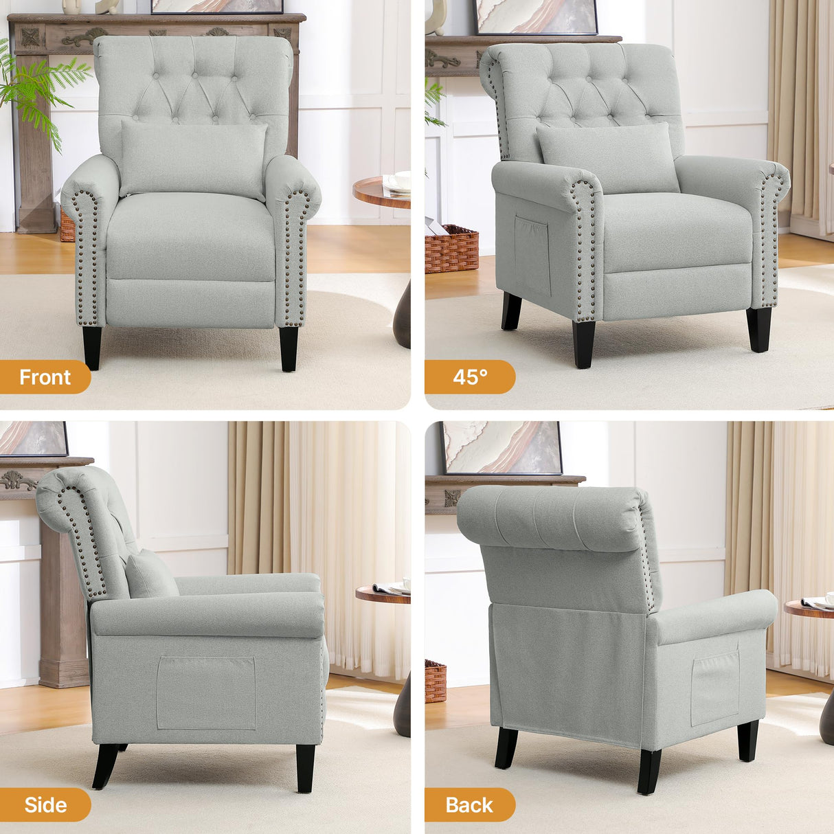 choairy Pushback Recliner Chair, Accent Push Back Chair with Adjustable Footrest Wingback, Upholstered Linen Fabric Reclining Sofa with Side Pocket, Comfy Modern Armchair for Living Room, Light Grey choairy