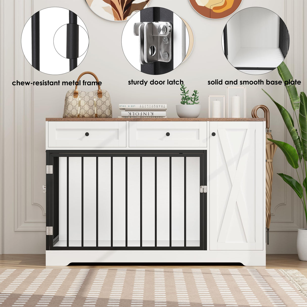 Dog Crate Furniture Kennel with Double Doors Wooden Pet House with 2 Drawers and Storage Cabinet, Indoor Dog Cage Farmhouse Modern Side End Table for Small Medium Dogs, White TTVIEW