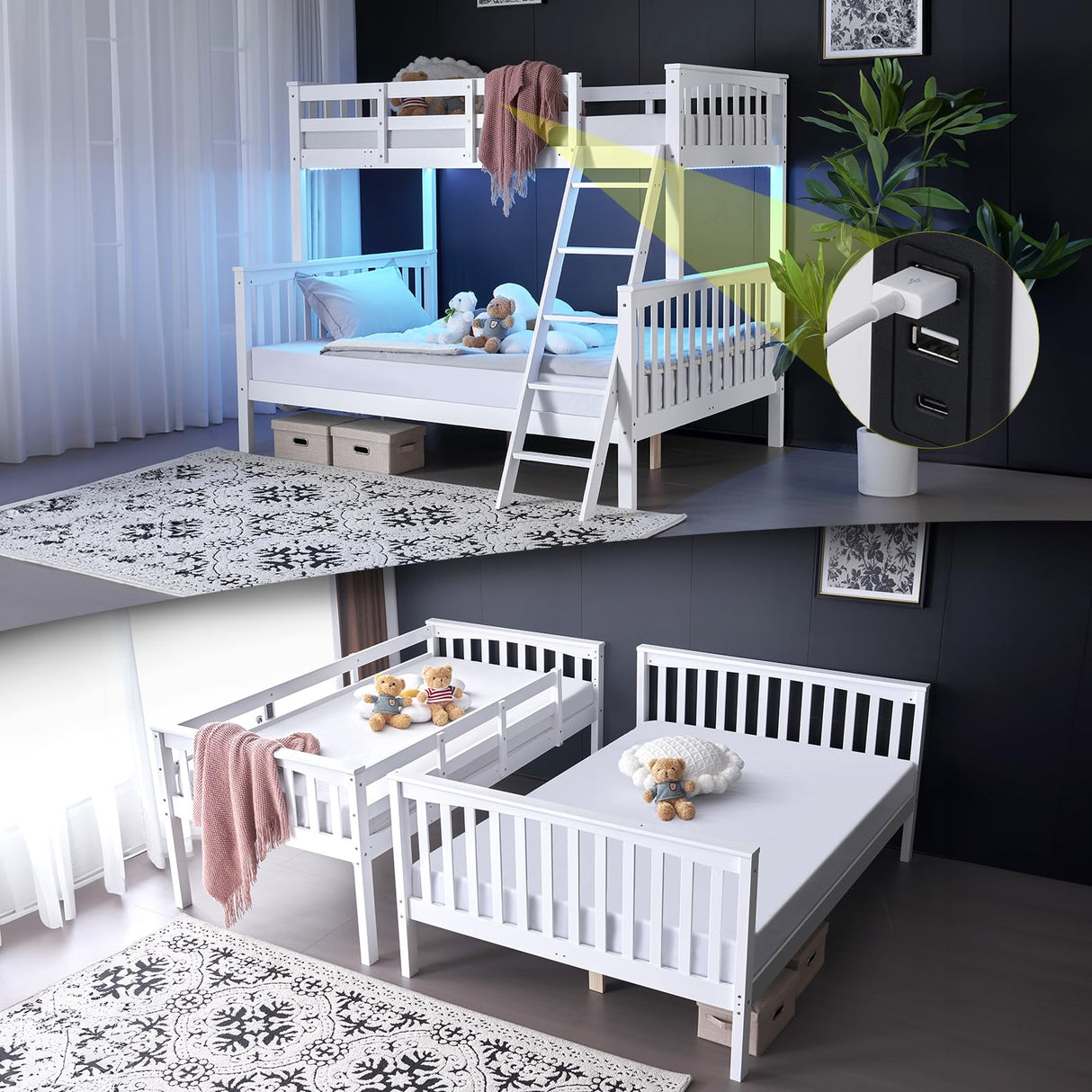 VINGLI Modern White Twin Over Full Bunk Bed with LED Lights and USB Charging Station VINGLI