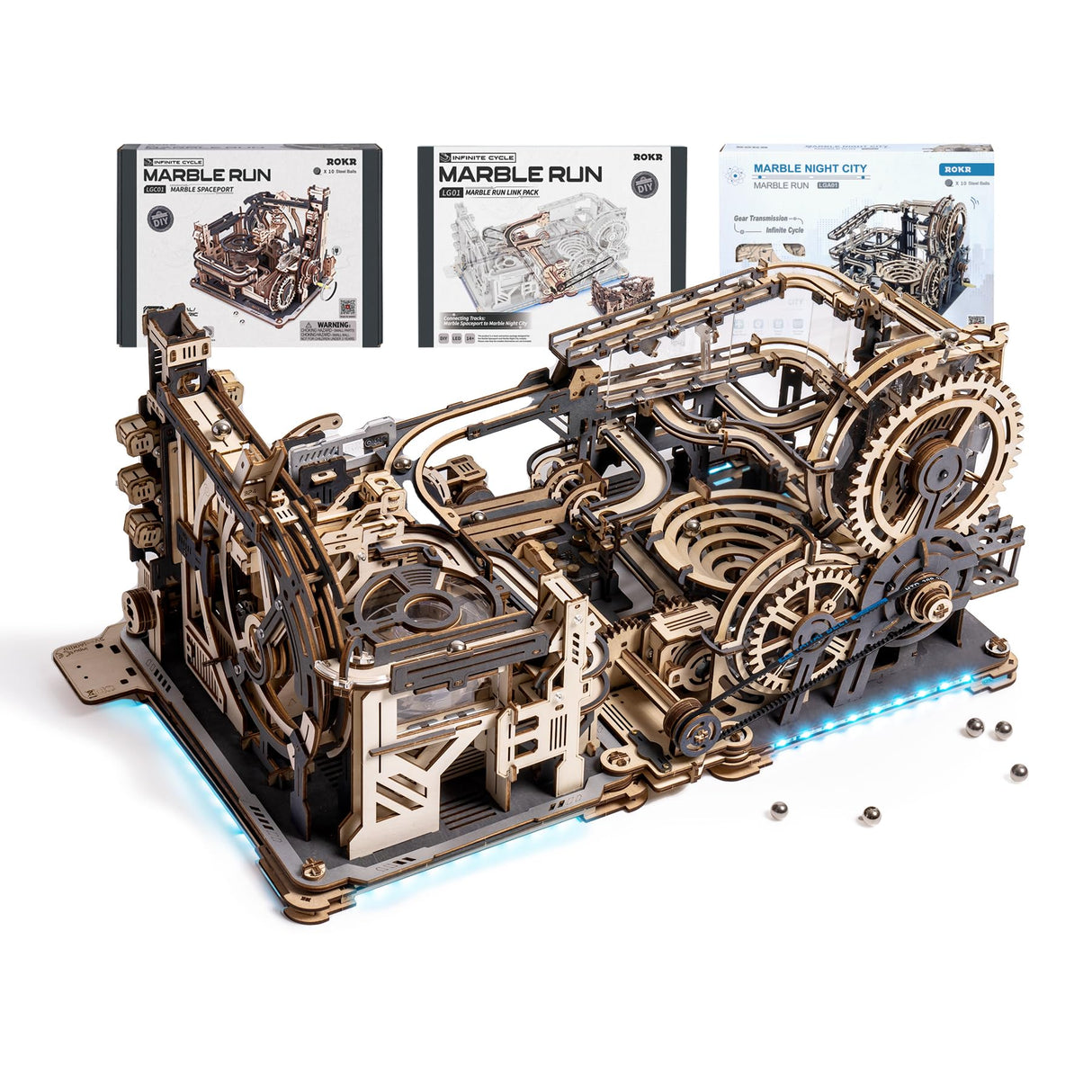 ROKR 3 in 1 Electric Wooden Marble Run, 3D Puzzles for Adults, Wood Model Building Toy Kits, Ideal Gift for Boys and Men ROKR